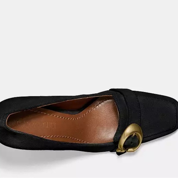 Coach Black Suede Block Heels with Gold Buckle - Picture 7 of 9